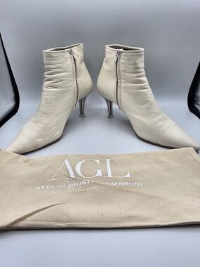 AGL Off-White Leather Pointed Ankle Booties with Silver Heel